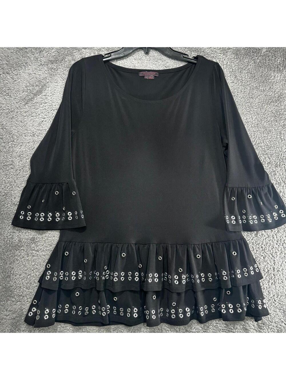 Fontana Tunic Top Womens Medium Black Grommet Eyelet Tiered Ruffle Bell Sleeve